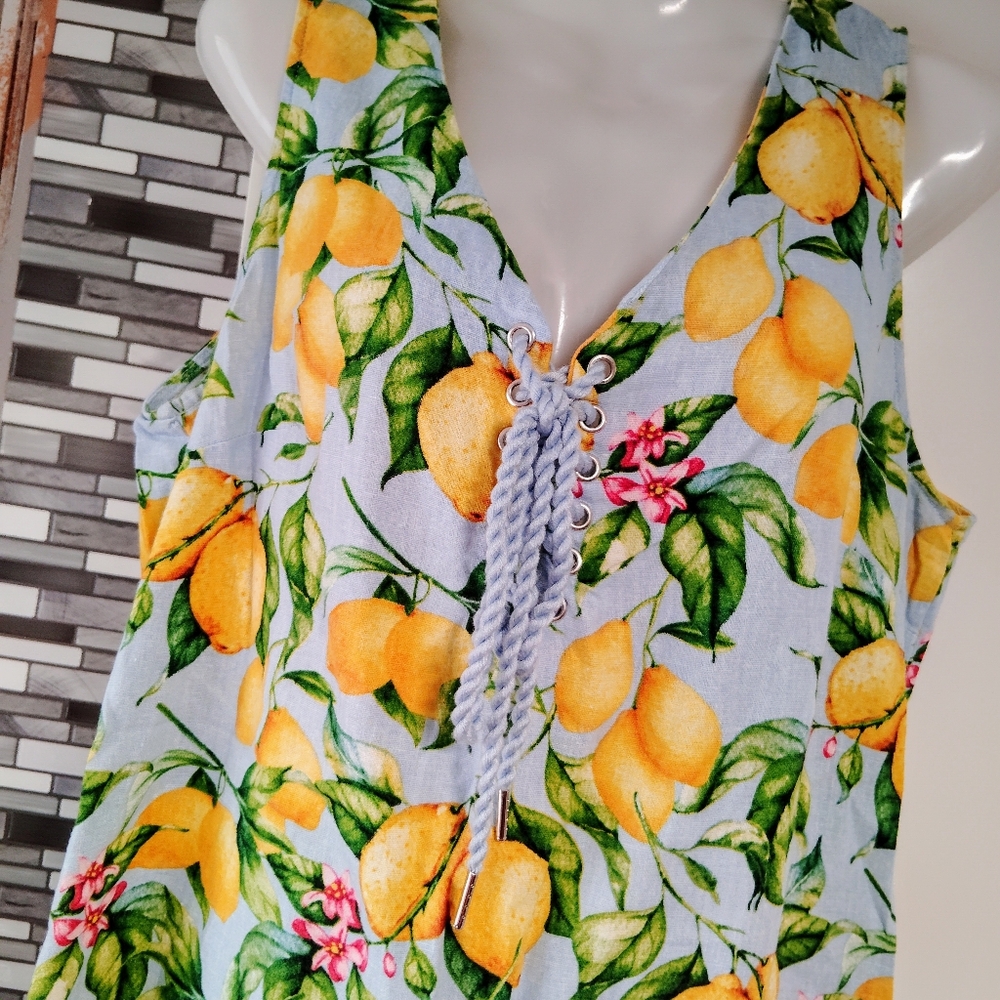 For Cynthia Blue/Lemon Linen Sleeveless Shift Dress Lace Up Tie SZ M - Picture 2 of 3